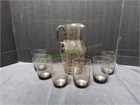 Etched Floral Smoke Glass Pitcher & 6 Tumblers