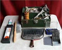 Metal tool box, lamp hardware/cords, drill bits