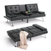 Linsy Home  Faux Leather Futon Couch, Black