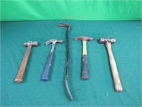 Tools - 2 claw hammers, ball peen, pry bar