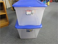 2 clear totes both 54qt. with blue lids