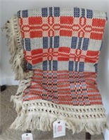 Antique hand woven multi-color coverlet in red