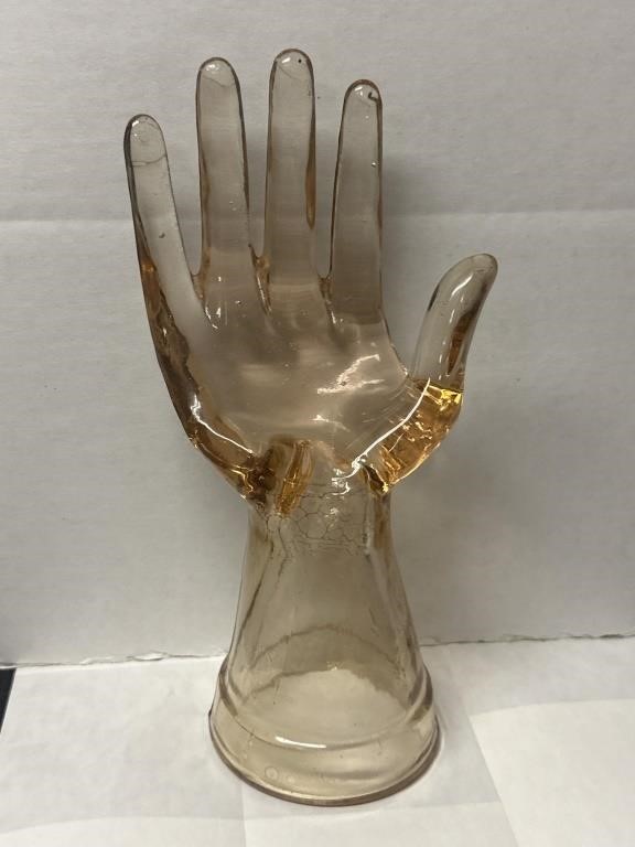 Peach Amber Glass Ring Jewelry Display hand