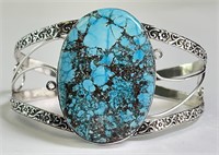 Large Sterling Spider Web Turquoise Cuff 47 Grams