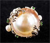 925 Silver Frog Large Pearl and Green Gem Ring
