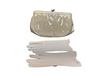 Elegant White Gloves and Purse Set with Silver Cla