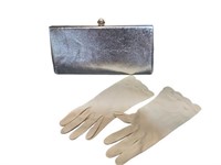 Elegant Beige and White Gloves with Silver Clutch