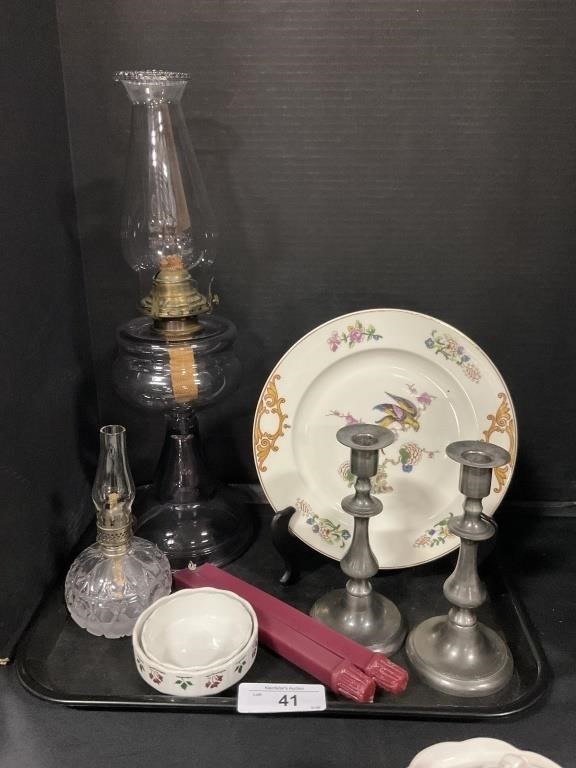 Oil Lamps, Decorative Czech Plate, Candlesticks.