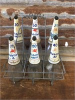 Rack of 6 Mobiloil Pourers + Oil Bottles & Carrier