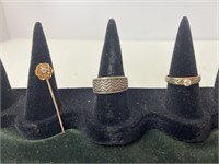 Antique 10k gold hat pin and two marked rings