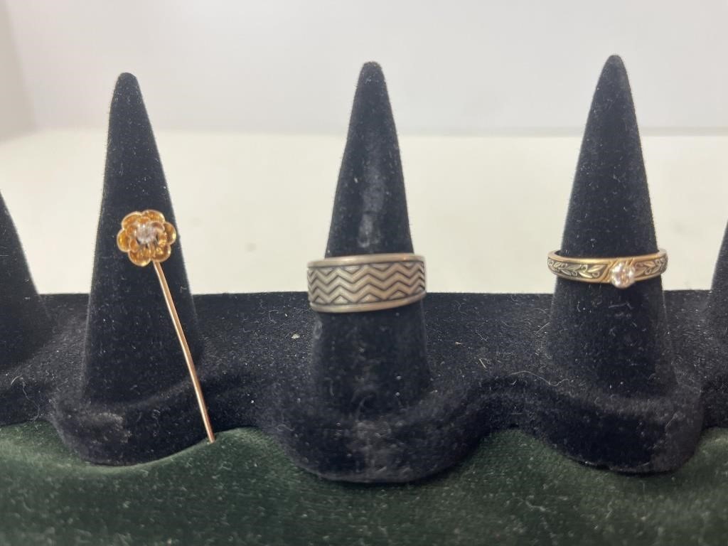 Antique 10k gold hat pin and two marked rings