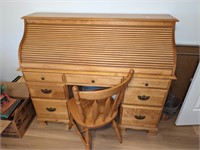 Solid Wood Roll Top Desk w/ Matching Wood Chair