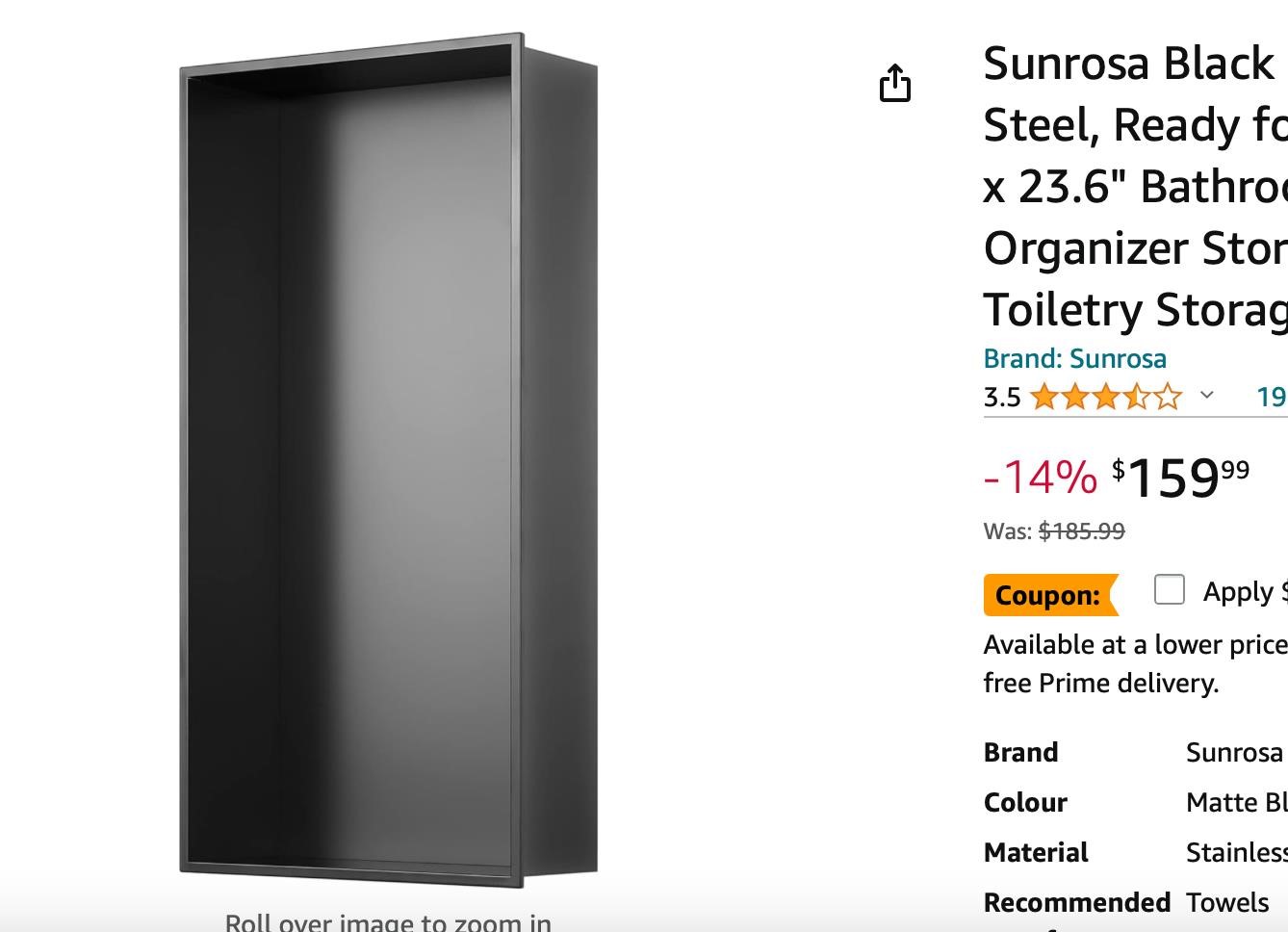 Sunrosa Black Shower Niche Stainless Steel