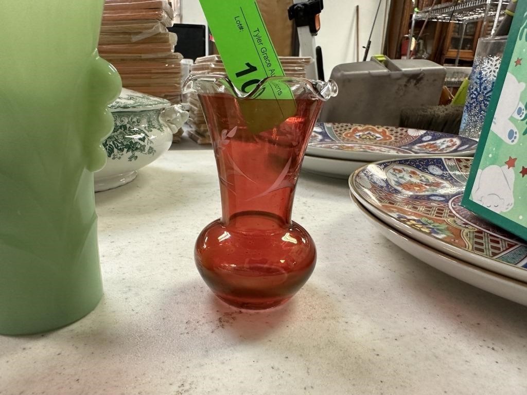 VTG CRANBERRY CUT TO CLEAR GLASS VASE