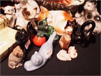 16 cat figurines: some miniature, two ashtrays