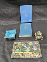 Vintage Chinese cloisonne desk set with tray,