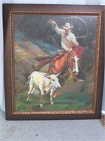 "Cowboy Roping Calf" Canvas Painting