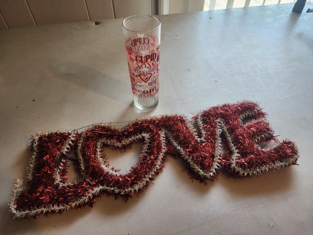 Valentines glass, love tinsel sign