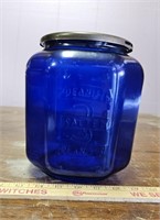Vtg Blue Salted Peanuts Jar w Metal Lid- 8" Tall