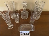 DECANTER VASES AND BUTTER DISH SOME CRYSTAL