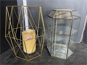 Glass display & gold candle lantern
