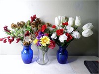 3 Vases of Artificial Flowers