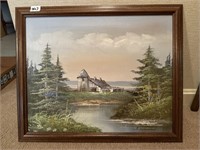 Vintage oil painting of barn R. Miller