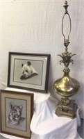 LARGE LAMP & 2 HAROLD RIGSBY PRINTS