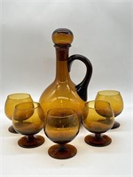 MCM Amber Glass Decanter & Cordial Set