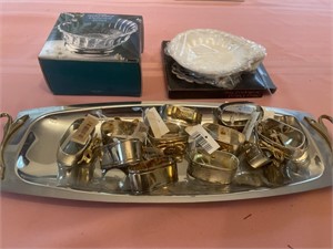 Silver plated tray, pedestal bowl, napkin rings