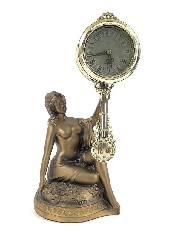 Seated Female Nude Clock, Metal & Plastic 14" H