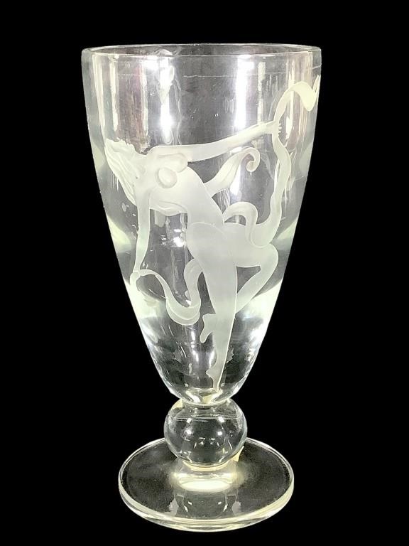 Clear Footed Etched Glass Vase w Female Nude 10" H