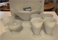 MILK GLASS BOWL, FOOTED TUMBLERS