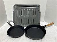 2 Cast Iron Frying Pans With Broiler Pan