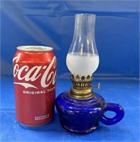 Vintage Mini Blue Oil Lamp w/Finger Loop Handle