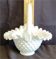 Fenton Hobnail White Milk Glass Crimped Basket