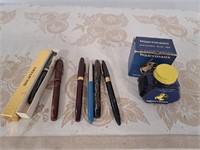 6 fountain pens with ink