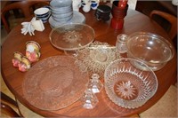 GROUPING OF GLASS WARE- CAKE STAND, BOWLS, TURKEY