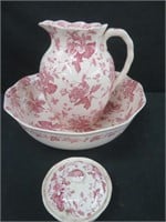 ENGLISH FLORAL BASIN, PITCHER, DISH (REPAIRED)