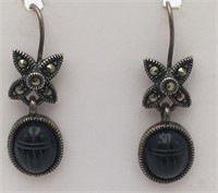 Sterling Earrings W Black Stone & Marcasite