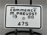 Bicycle Licence Plate Commerce M. Prevost 1988