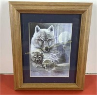 Framed signed Wolf w/ pups 10 x 12