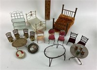 Miniature doll furniture:  beds, tables, chairs,