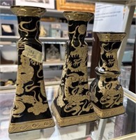 Three Black and Gold Chinese Candle Holders