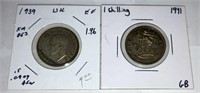 OF) 2 Silver UK Shillings 1939 and 1941