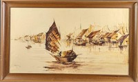 Original Oil Painting of Asian Junk Ship & Village