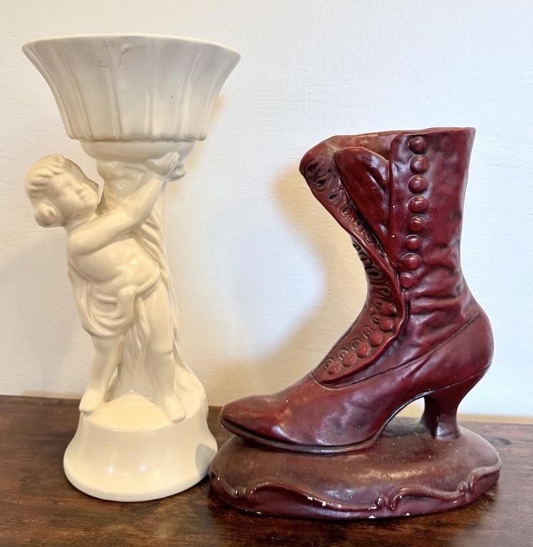 2 PC Lot with Victorian Boot Vase - Some wear