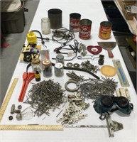 Hardware lot w/ nails, cords, & tin cans