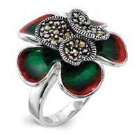 Sterling Silver- Marcasite Enamel Flower Ring