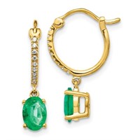 14k-Diamond and Emerald Dangle Hoop Earrings